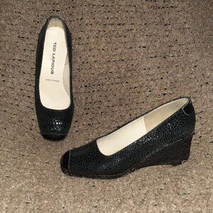 Vintage TED LAPIDUS-Black Suede/Leather Patterned Wedges-Sz 38-Excellent